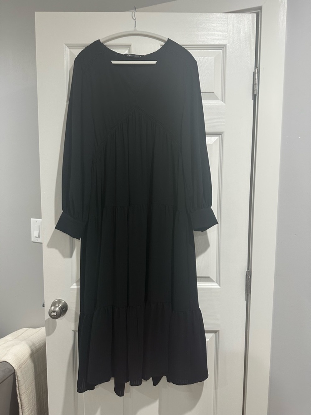 Zara Black Long Sleeve Tiered Maxi Dress